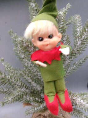 Napco Pixie Elf Poseable Green Red Felt, Vintage Christmas Ornaments
